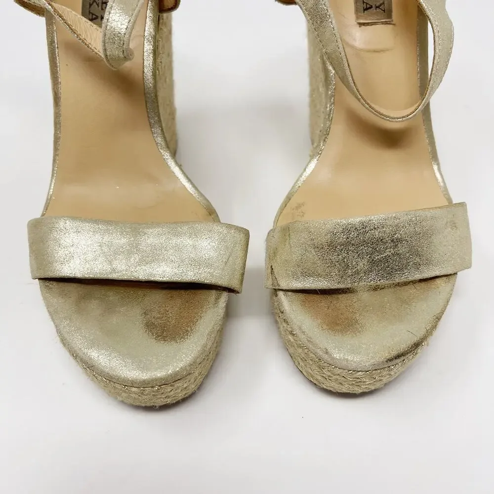 Badgley Mischka 5.5 Gold Leather Espadrille Wedge Sandals Ankle Wrap 4.5
